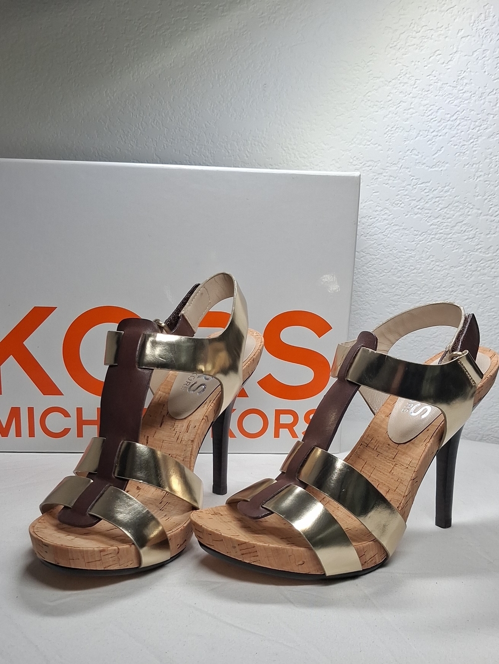 Michael Kors Gold Metallic Strappy Cork High Heels